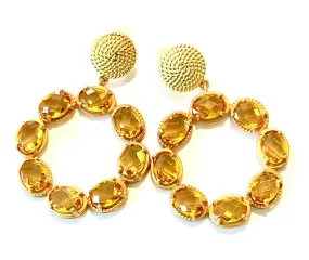 Citrine Gemstone Gold Twisted Statement Earrings 2"