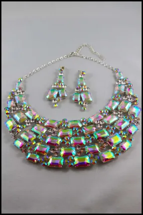 Crystal Emerald Cut Bib Collar Necklace Set