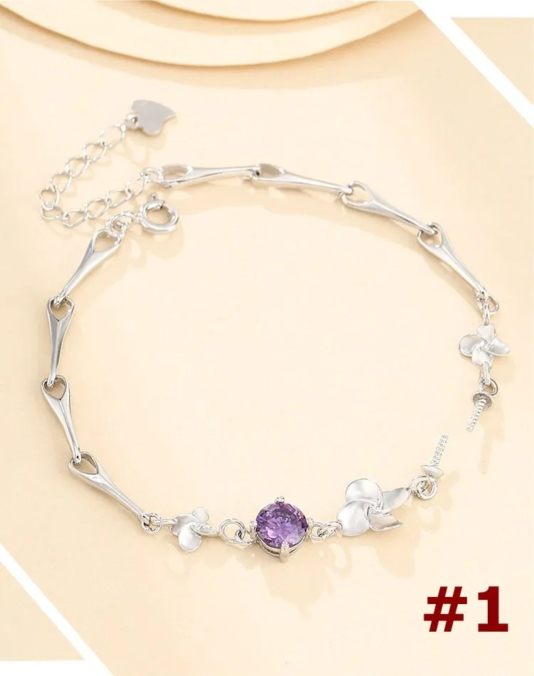 Crystals Flower Cup Pin Chain Bracelet Setting Sterling Silver Fine 925 8-10mm For One Pearl Bead Adjustable Bulk Tray DIY Jewelry Wholesale