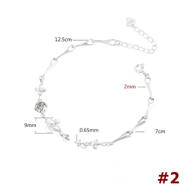 Crystals Flower Cup Pin Chain Bracelet Setting Sterling Silver Fine 925 8-10mm For One Pearl Bead Adjustable Bulk Tray DIY Jewelry Wholesale