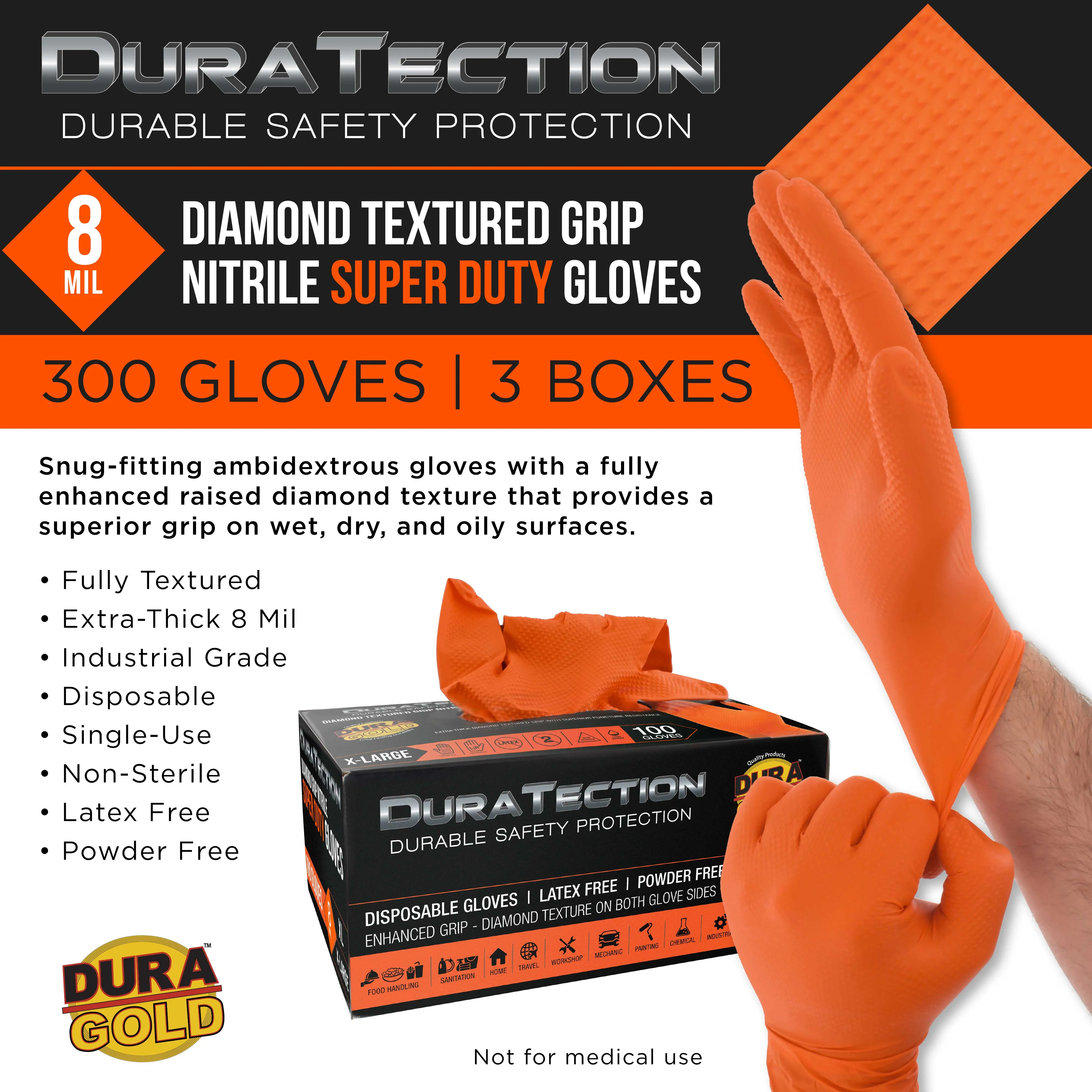 Duratection 8 Mil Orange Super Duty Diamond Textured Nitrile Disposable Gloves, 3 Boxes of 100, X-Large - Latex Free, Powder Free, Food Safe, Safety Protection Work Gloves