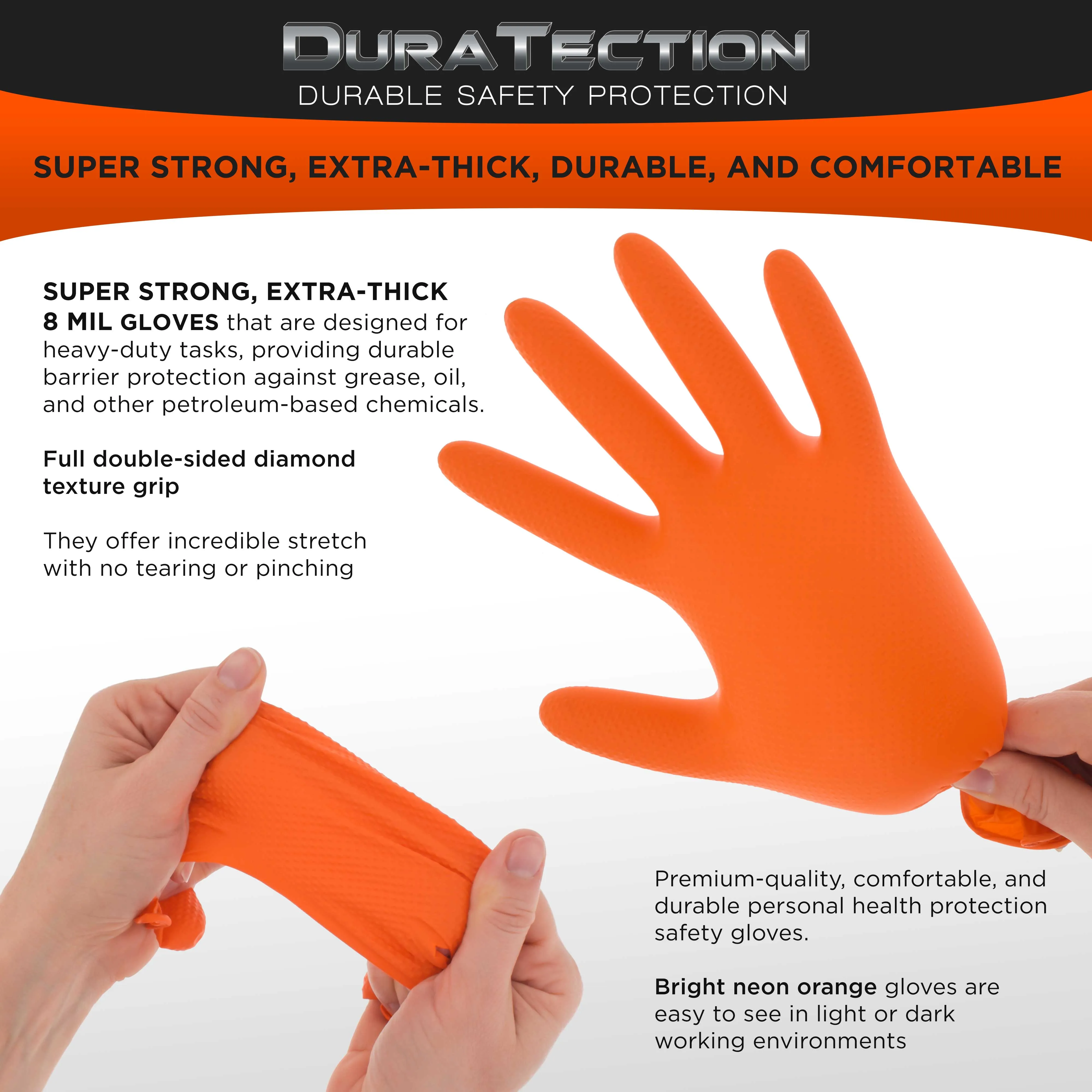 Duratection 8 Mil Orange Super Duty Diamond Textured Nitrile Disposable Gloves, 3 Boxes of 100, X-Large - Latex Free, Powder Free, Food Safe, Safety Protection Work Gloves