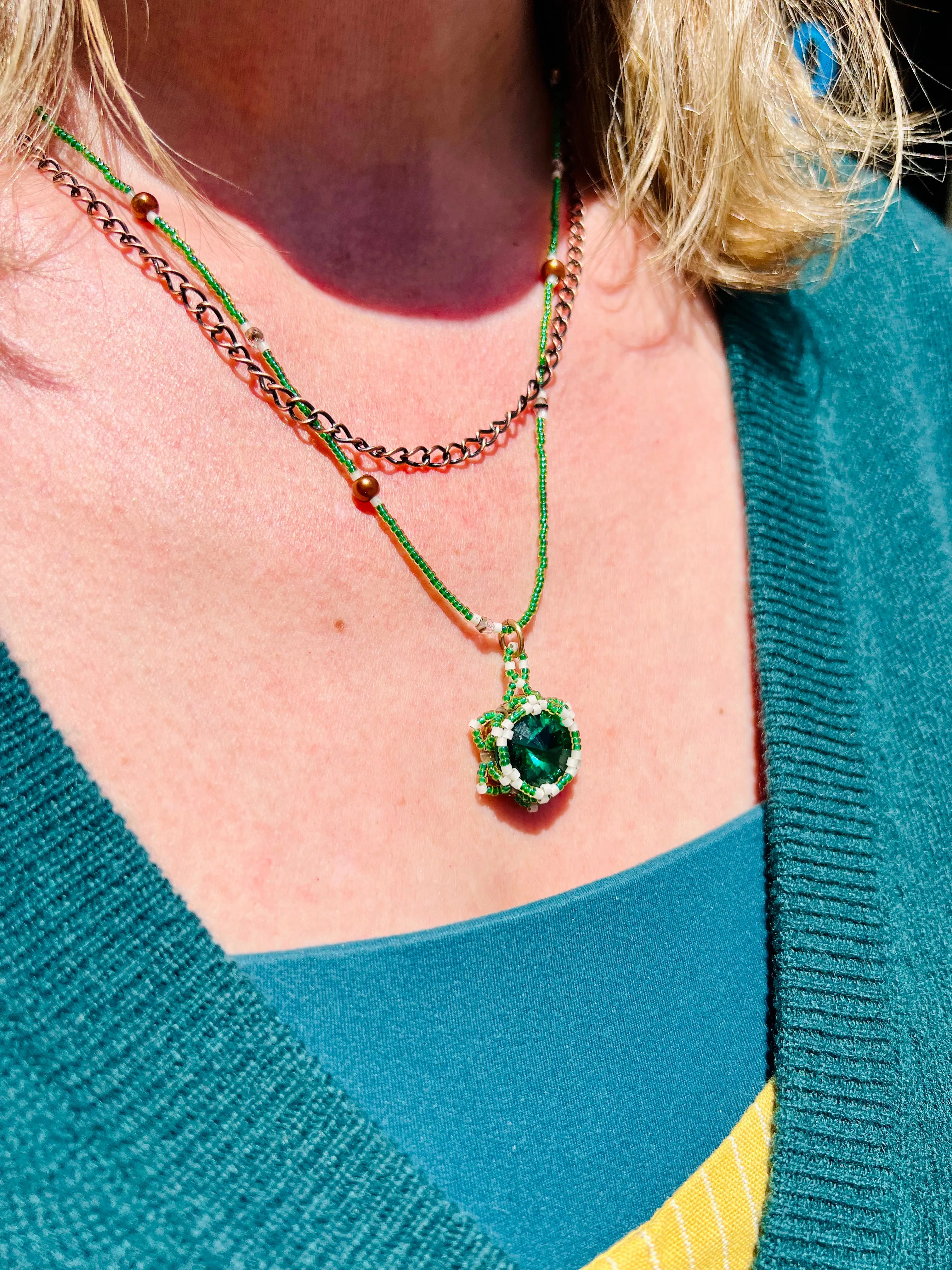 Em'z Blendz Lotus Flower Necklace | Handwoven Emerald Crystal, Brass & Copper