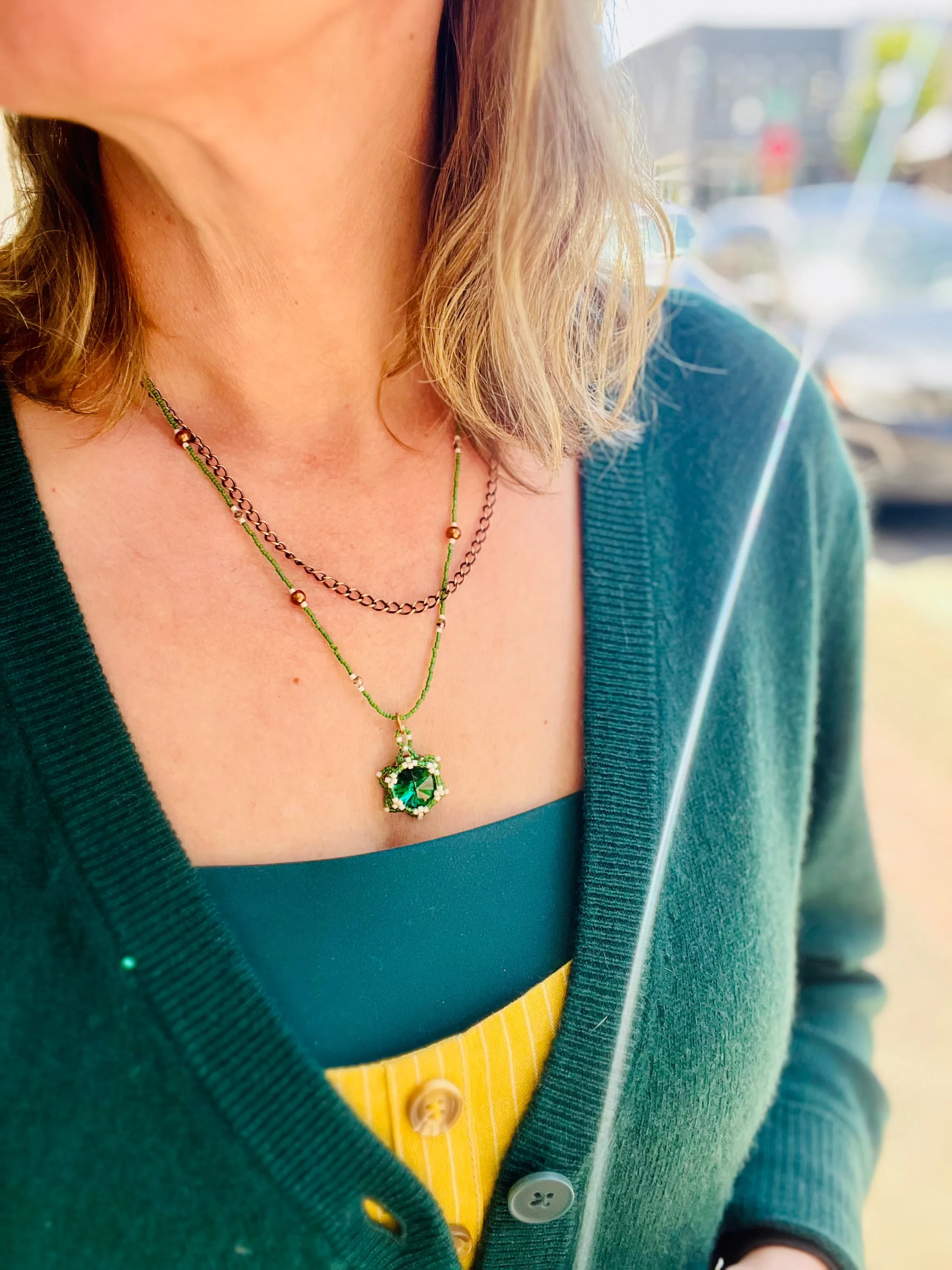 Em'z Blendz Lotus Flower Necklace | Handwoven Emerald Crystal, Brass & Copper