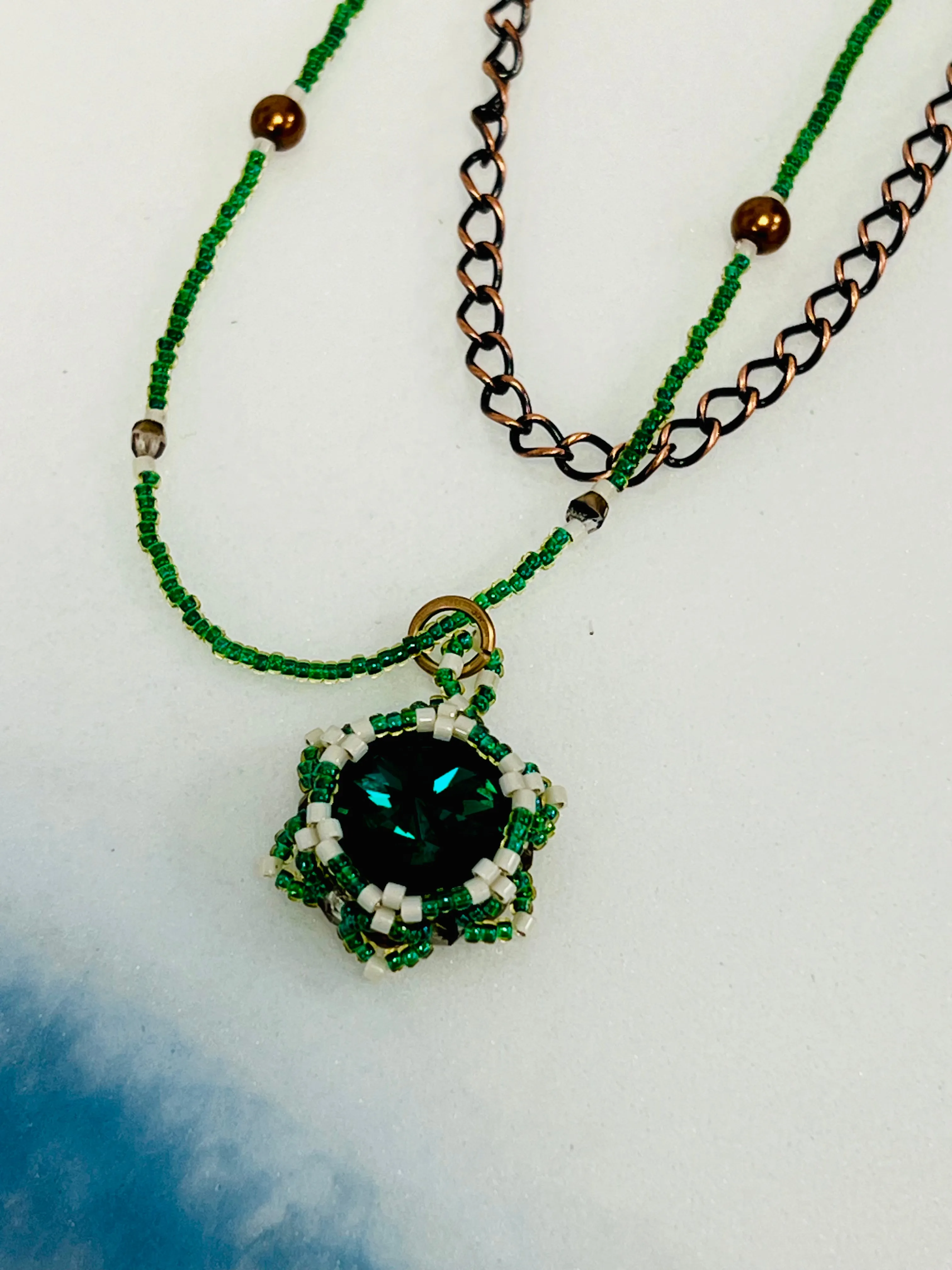 Em'z Blendz Lotus Flower Necklace | Handwoven Emerald Crystal, Brass & Copper