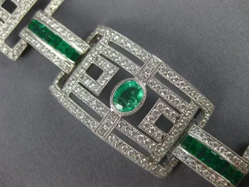 ESTATE EXTRA LARGE 14.61CT DIAMOND & AAA EMERALD 18KT WHITE GOLD TENNIS BRACELET