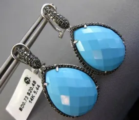 ESTATE LARGE 21.21CT BLACK DIAMOND & TURQUOISE 14KT WHITE GOLD CLIP ON EARRINGS