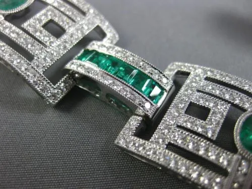 ESTATE WIDE 15.75CT DIAMOND & AAA EMERALD 18KT WHITE GOLD SQUARE TENNIS BRACELET