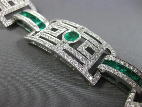 ESTATE WIDE 15.75CT DIAMOND & AAA EMERALD 18KT WHITE GOLD SQUARE TENNIS BRACELET