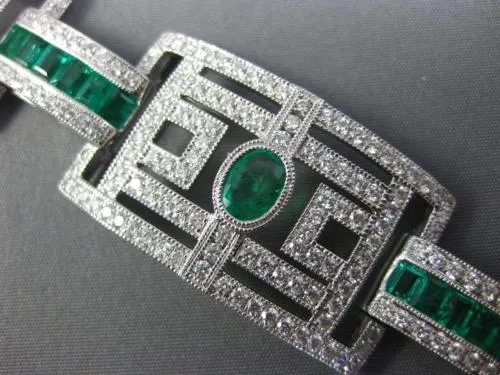 ESTATE WIDE 15.75CT DIAMOND & AAA EMERALD 18KT WHITE GOLD SQUARE TENNIS BRACELET