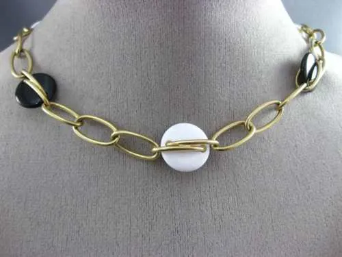 ESTATE WIDE & LONG AAA WHITE & BLACK ONYX 14KT YELLOW GOLD 3D LINK LOVE NECKLACE