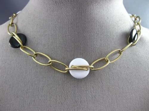 ESTATE WIDE & LONG AAA WHITE & BLACK ONYX 14KT YELLOW GOLD 3D LINK LOVE NECKLACE