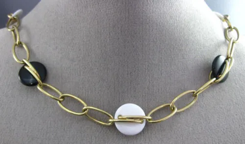 ESTATE WIDE & LONG AAA WHITE & BLACK ONYX 14KT YELLOW GOLD 3D LINK LOVE NECKLACE