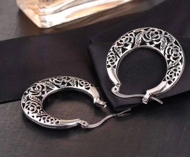 Etched Vintage Rose Hoop Earrings for Women