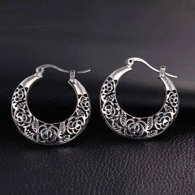 Etched Vintage Rose Hoop Earrings for Women