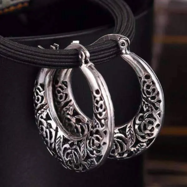 Etched Vintage Rose Hoop Earrings for Women