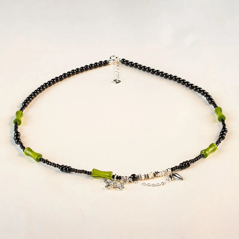 Fortune's Favor Sterling Silver Agate Necklace with Black Onyx and Green Bamboo Leaf Butterfly Pendant