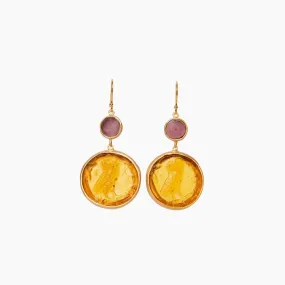 Glass Coin of Athens Motif Double Drop Earrings (Amber & Plum Tones)