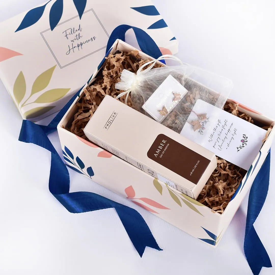 Gleevers Scented Glamour Gift for Women |Gift Box pack of 2 with Amber Perfume(100 ml) & Butterfly Necklace & Earring Set|Birthday Gift,Anniversary Gift, Rakhi Gift, Valentine Gift, Secret Santa Gifts