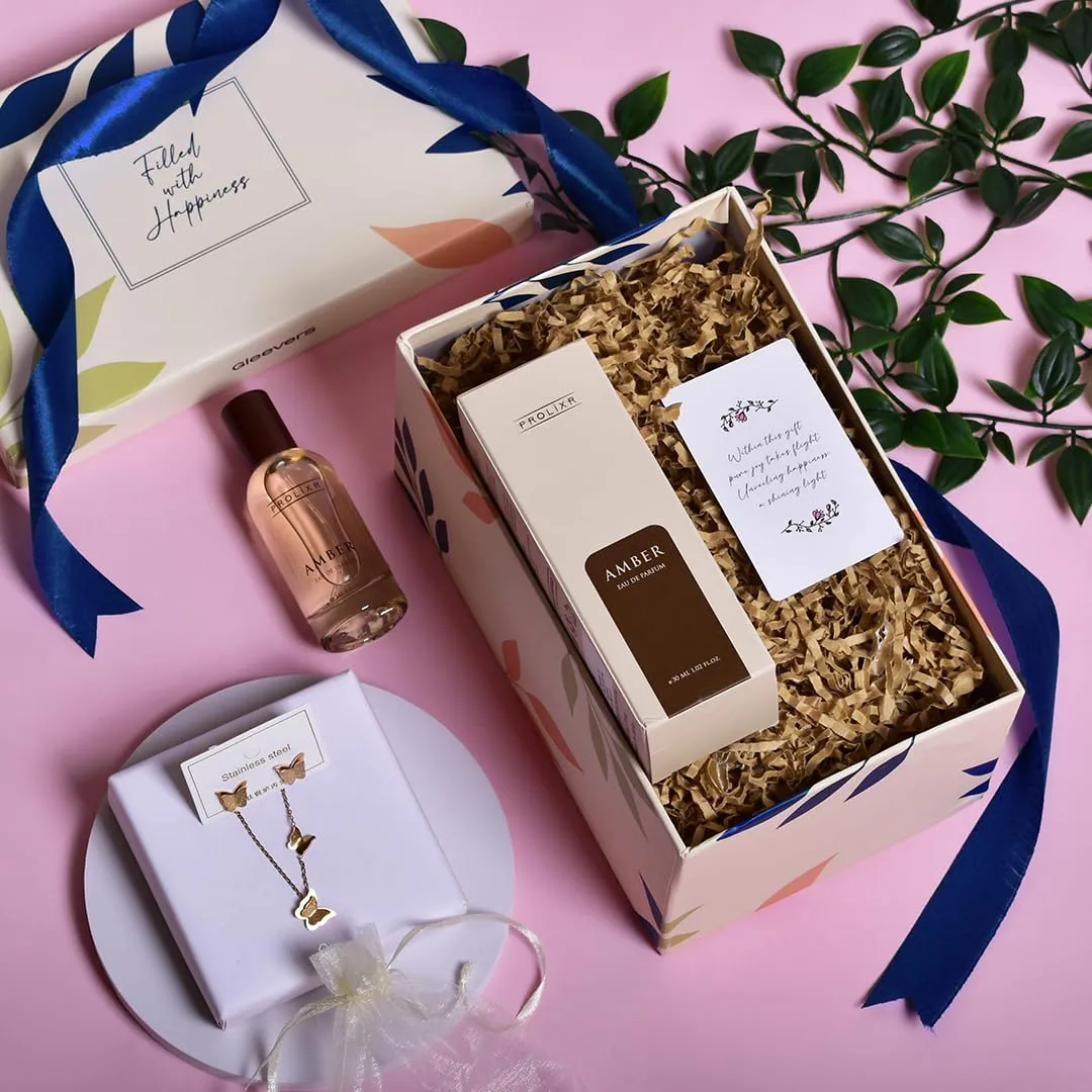 Gleevers Scented Glamour Gift for Women |Gift Box pack of 2 with Amber Perfume(100 ml) & Butterfly Necklace & Earring Set|Birthday Gift,Anniversary Gift, Rakhi Gift, Valentine Gift, Secret Santa Gifts