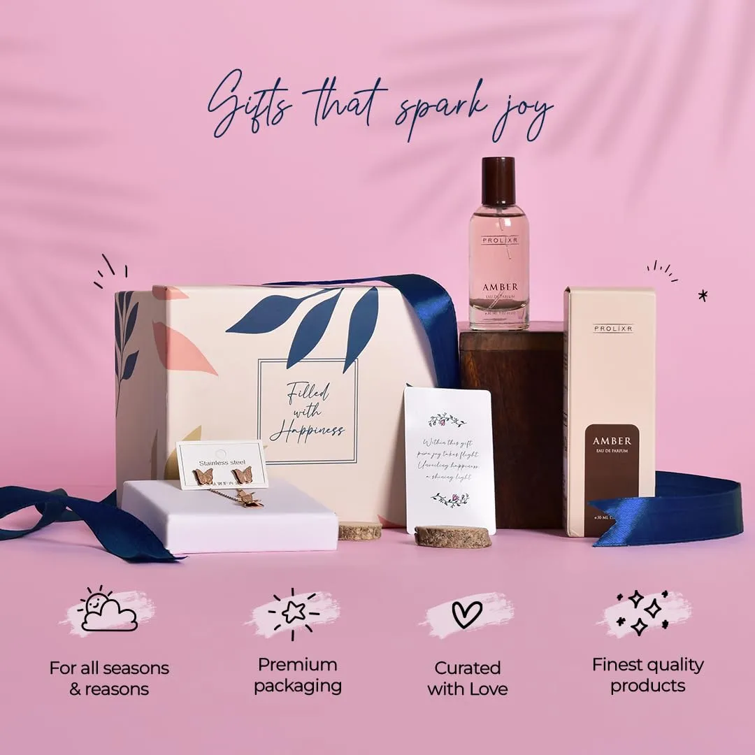 Gleevers Scented Glamour Gift for Women |Gift Box pack of 2 with Amber Perfume(100 ml) & Butterfly Necklace & Earring Set|Birthday Gift,Anniversary Gift, Rakhi Gift, Valentine Gift, Secret Santa Gifts