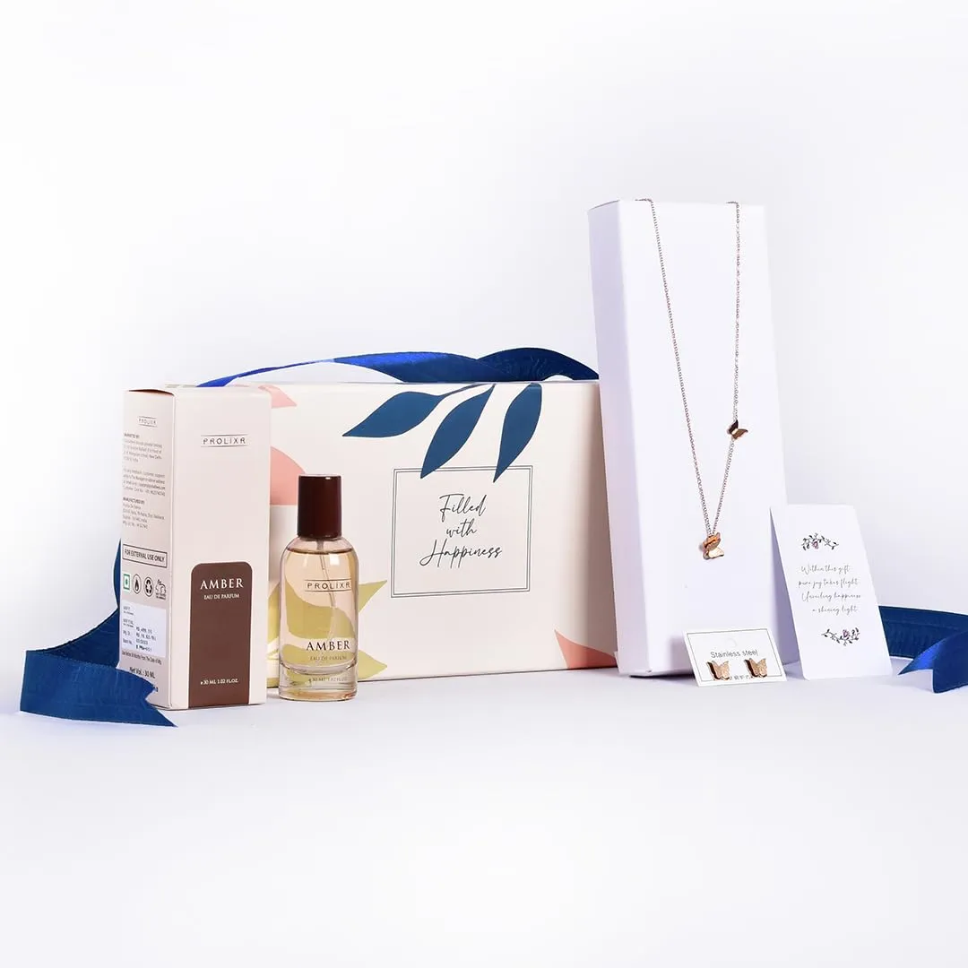 Gleevers Scented Glamour Gift for Women |Gift Box pack of 2 with Amber Perfume(100 ml) & Butterfly Necklace & Earring Set|Birthday Gift,Anniversary Gift, Rakhi Gift, Valentine Gift, Secret Santa Gifts