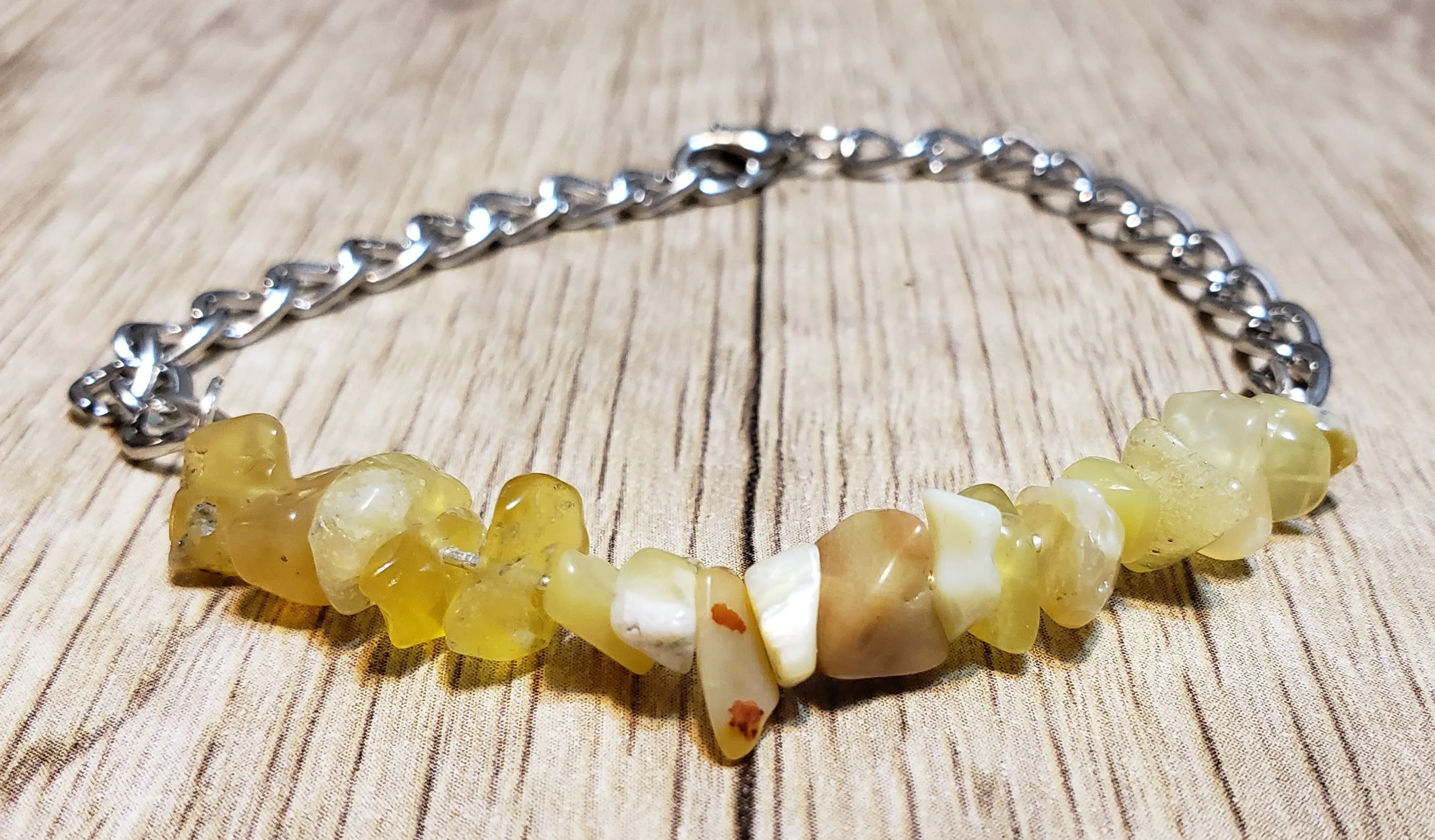 Hand Crafted All Natural Yellow Opal Gemstone & Chain Adjustable to 8" Bracelet with Lobster Claw Clasp