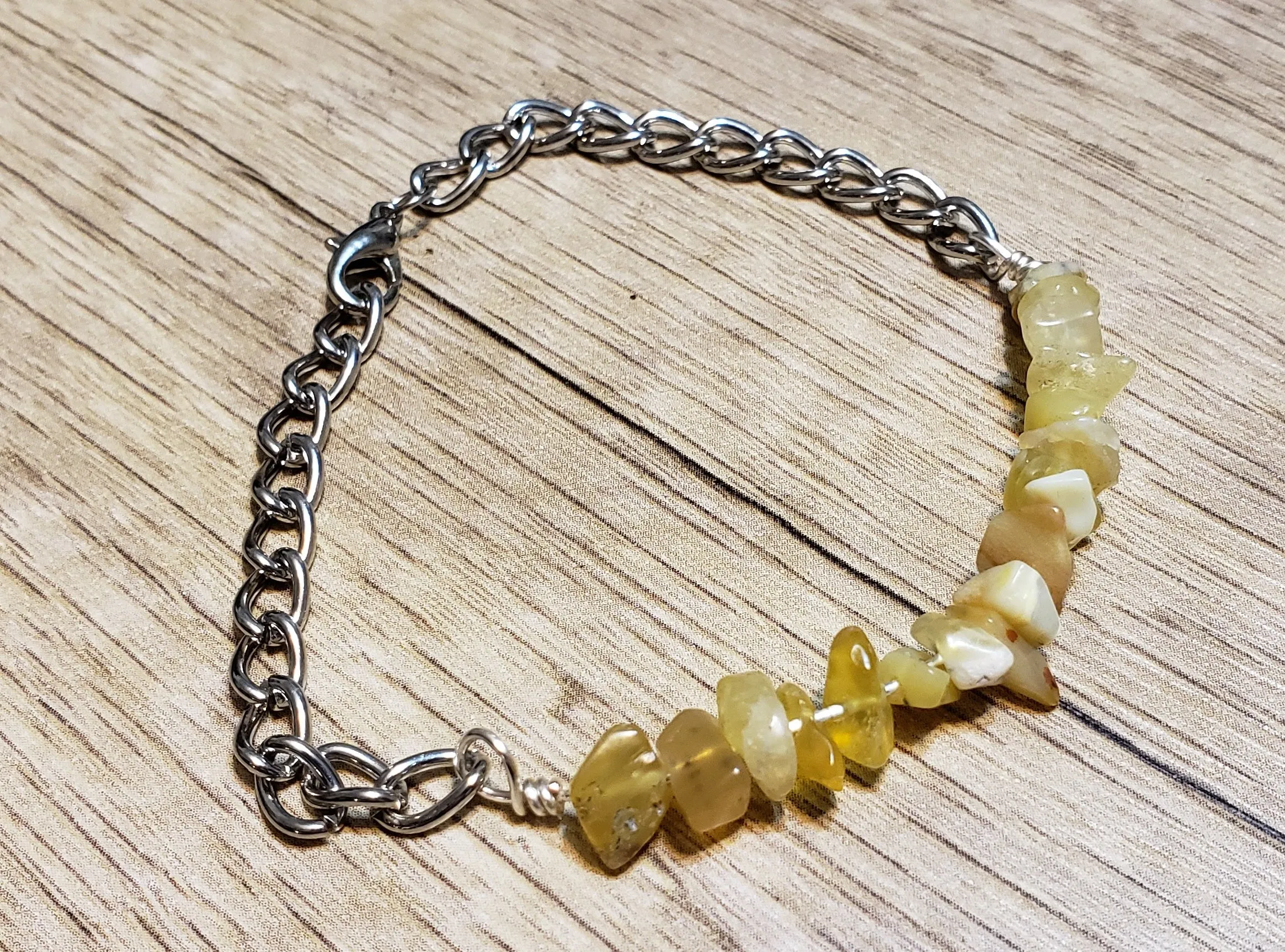 Hand Crafted All Natural Yellow Opal Gemstone & Chain Adjustable to 8" Bracelet with Lobster Claw Clasp