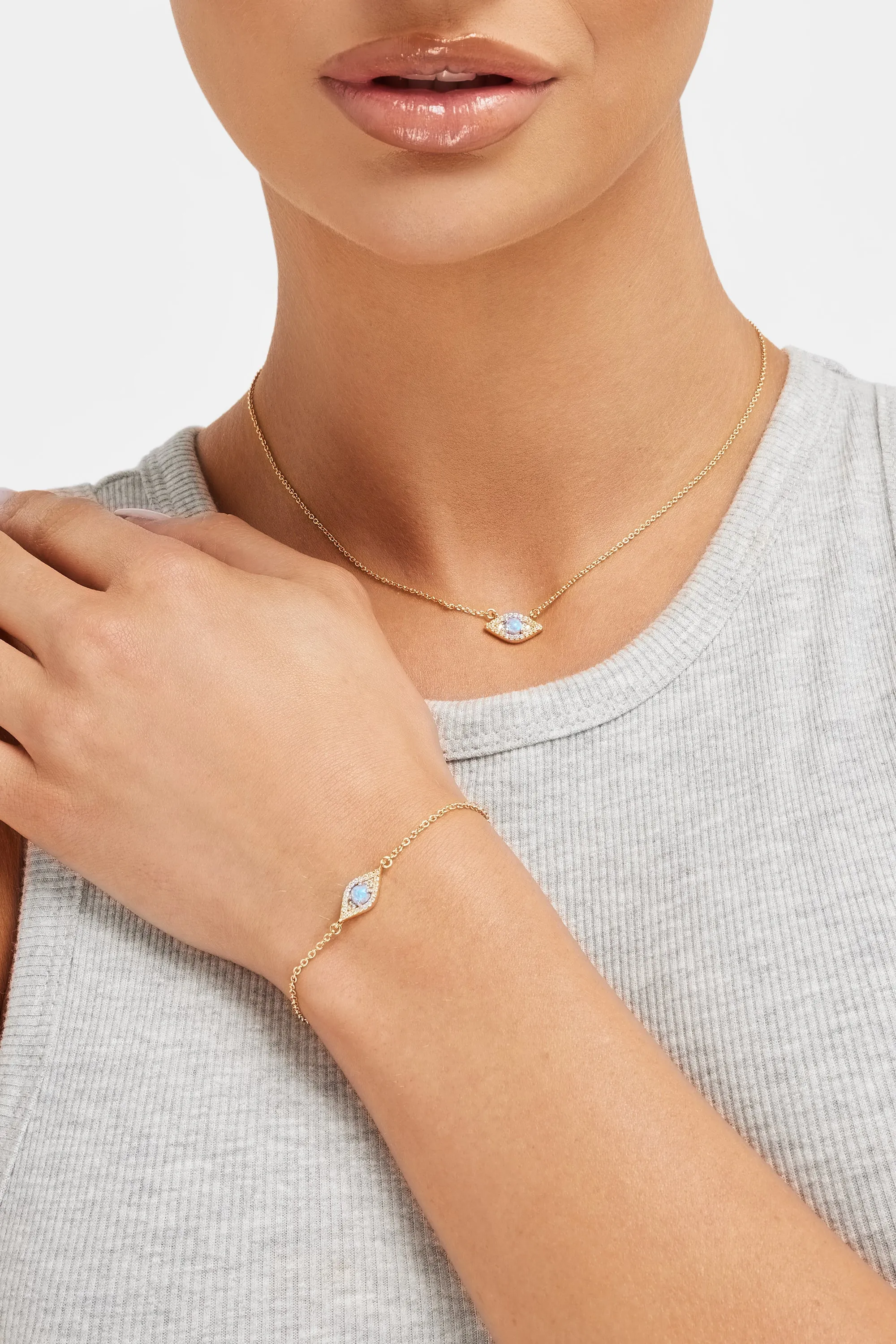 Iced Blue Opal Mini Evil Eye Necklace   Bracelet Bundle - Gold
