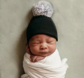 ilybean black hat with mixed white and gray pom pom newborn boy hospital hat