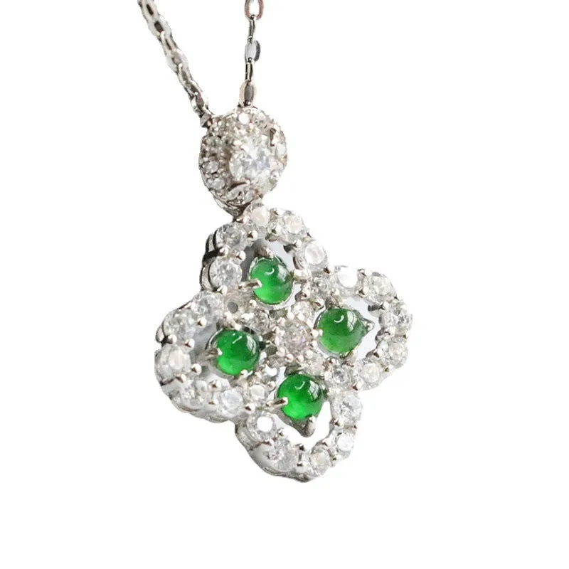Imperial Green Jade Four-Leaf Clover Necklace with Zircon Accents in Sterling Silver