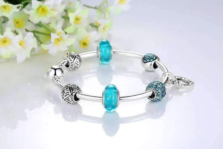 Inspiration Aqua Glass & Crystal Hearts Silver Bangle Bracelet for Woman