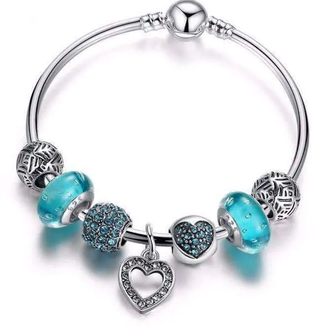 Inspiration Aqua Glass & Crystal Hearts Silver Bangle Bracelet for Woman