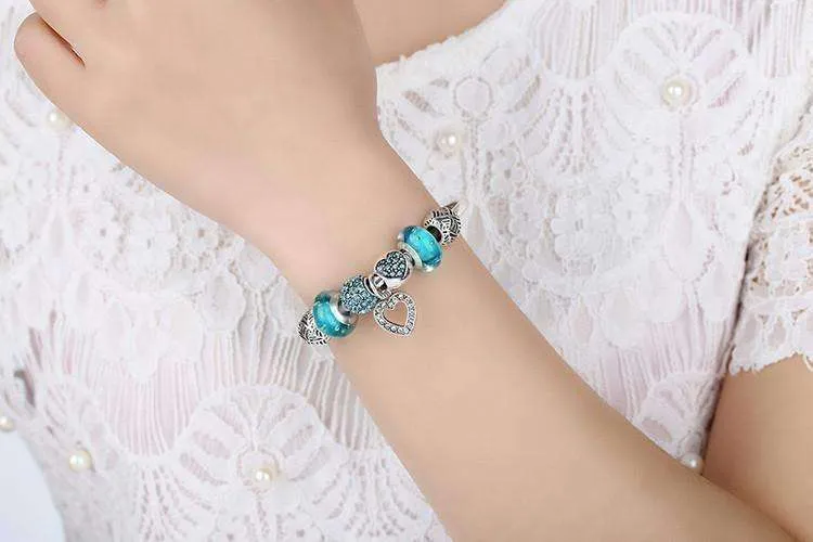 Inspiration Aqua Glass & Crystal Hearts Silver Bangle Bracelet for Woman