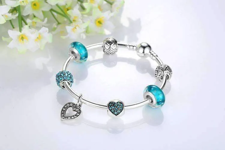 Inspiration Aqua Glass & Crystal Hearts Silver Bangle Bracelet for Woman