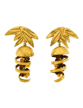 Isabel Canovas Vintage Oversized Gold Leaf Wind Swirl Amber Gripoix Glass Bead Earrings