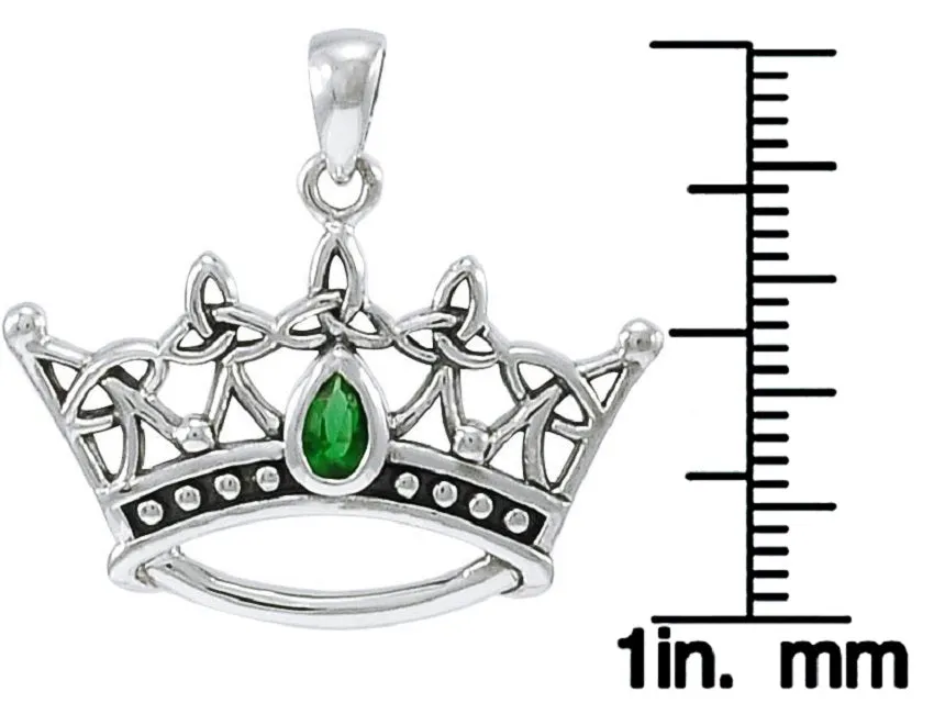 Jewelry Trends Sterling Silver Celtic Triquetra Princess Crown Pendant with Green Glass on Box Chain Necklace