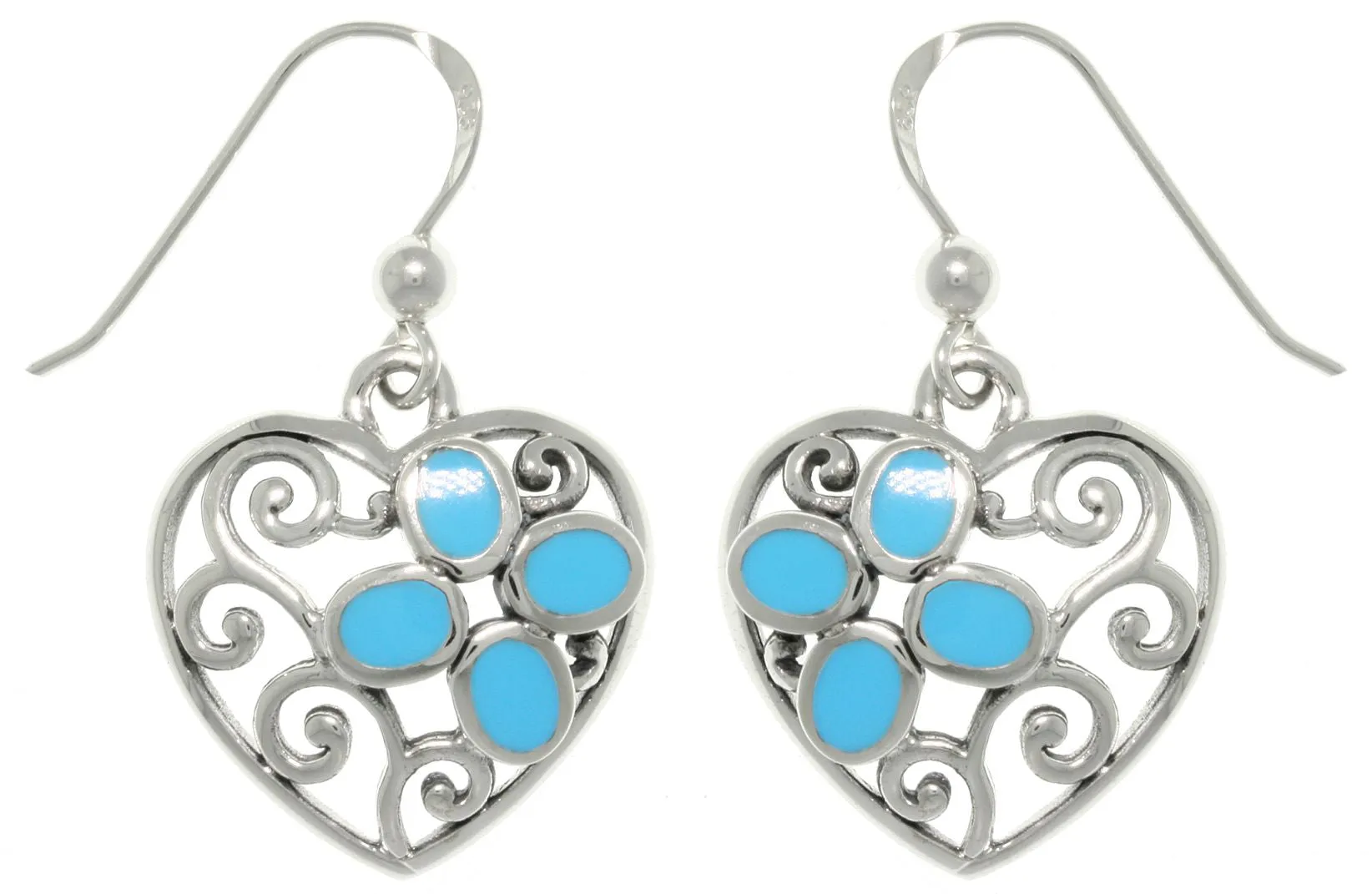 Jewelry Trends Sterling Silver Filigree Heart with Created Turquoise Dangle Earrings