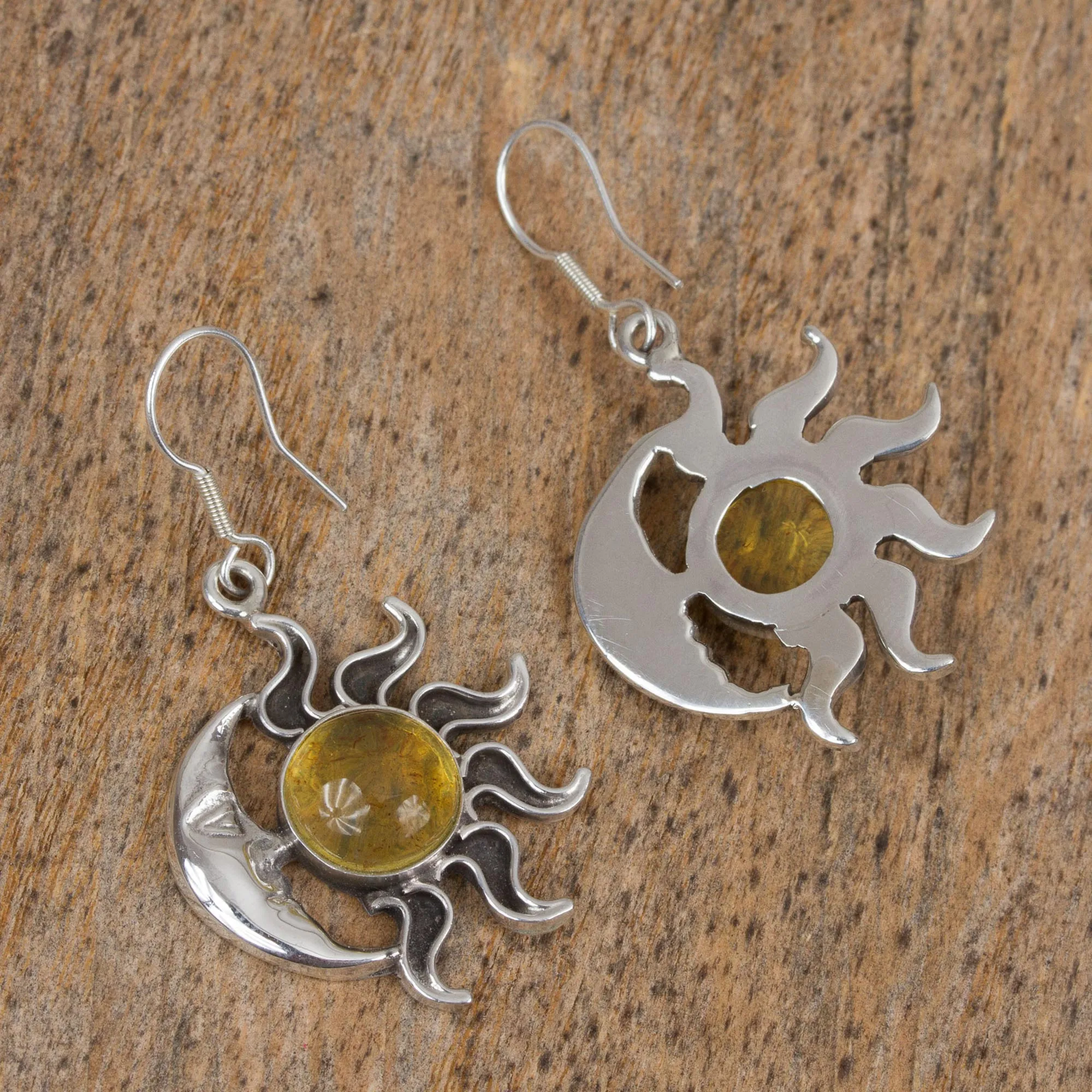 Mexican Sterling Silver and Amber Sun Moon Hook Earrings - Resplendent Sunset | NOVICA