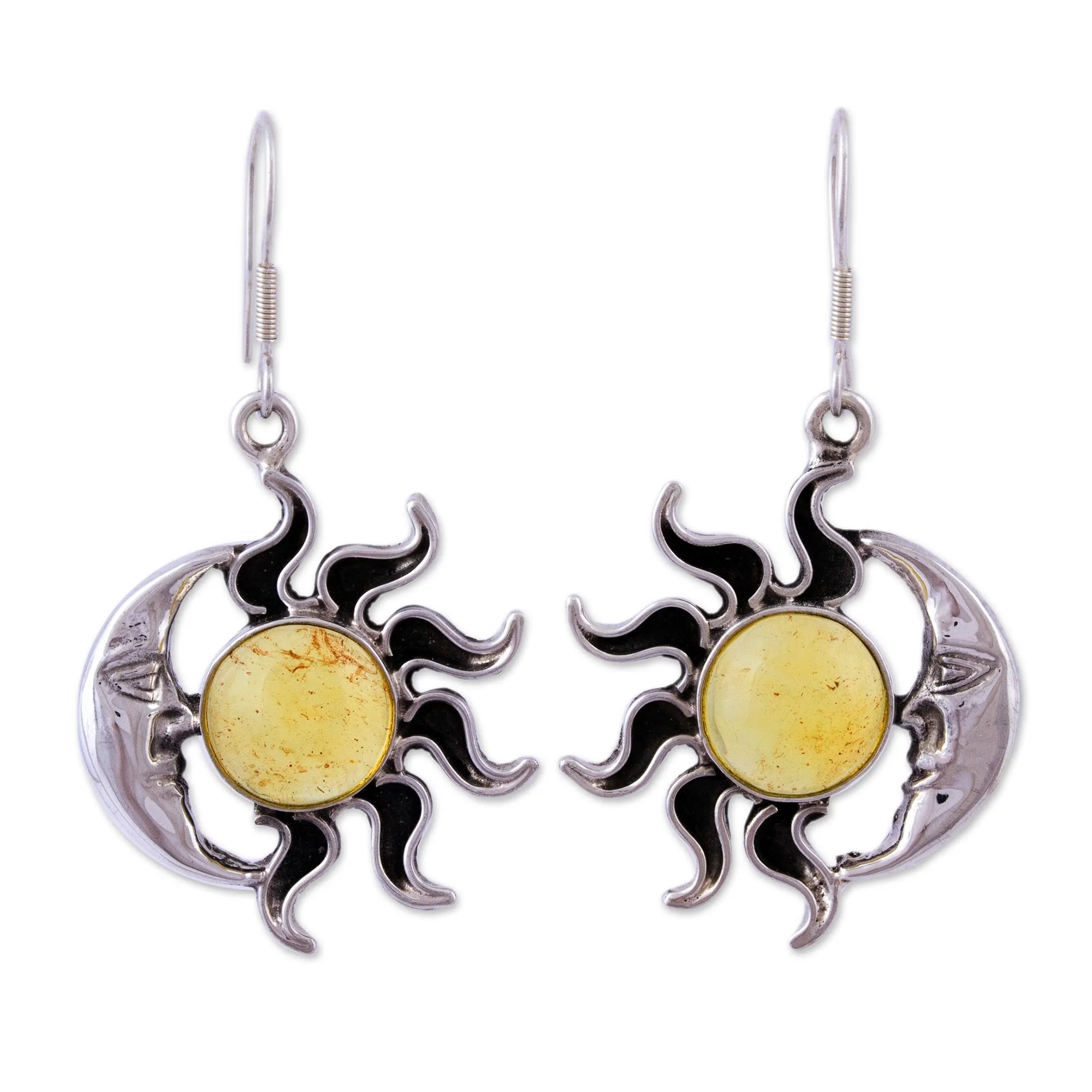 Mexican Sterling Silver and Amber Sun Moon Hook Earrings - Resplendent Sunset | NOVICA