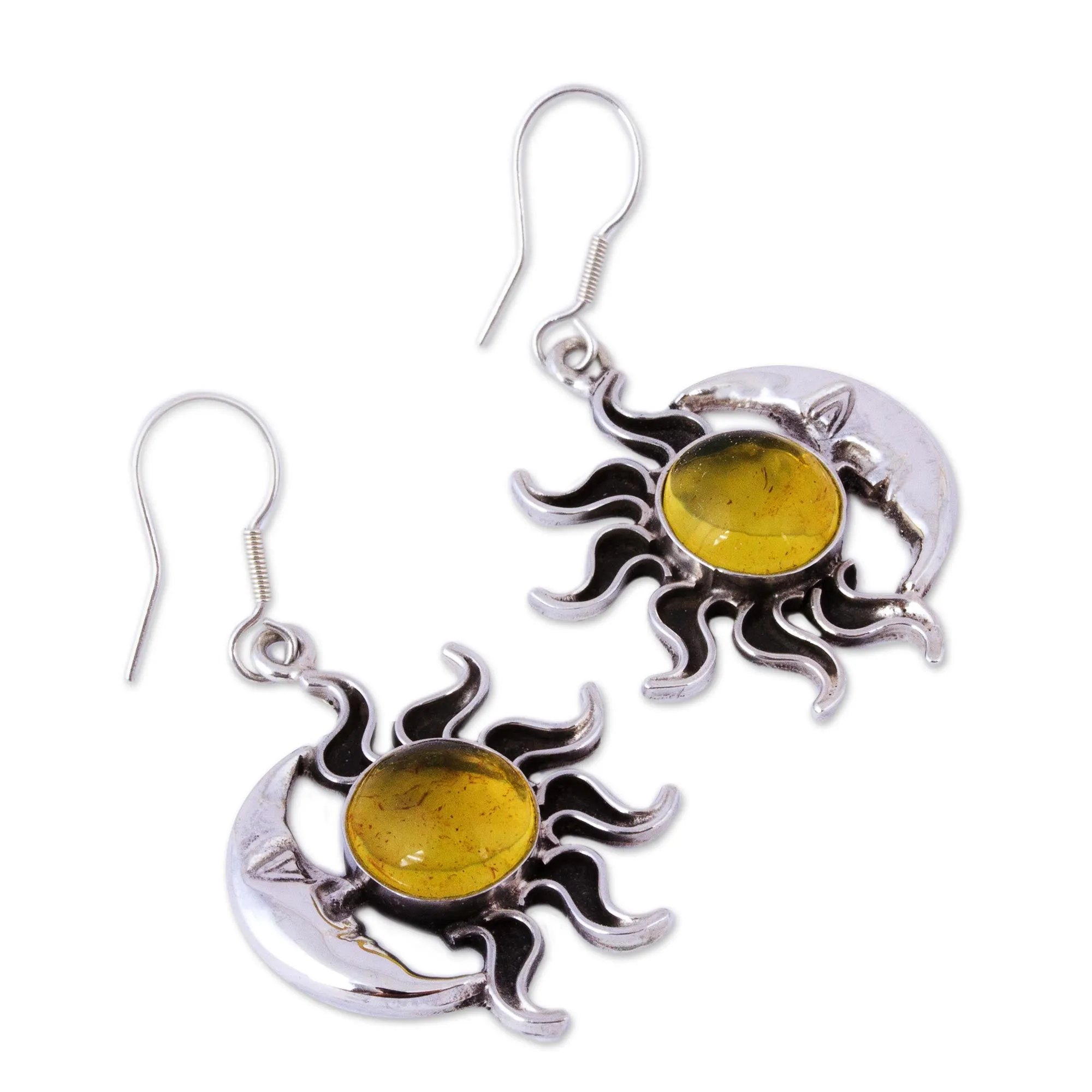 Mexican Sterling Silver and Amber Sun Moon Hook Earrings - Resplendent Sunset | NOVICA