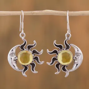 Mexican Sterling Silver and Amber Sun Moon Hook Earrings - Resplendent Sunset | NOVICA
