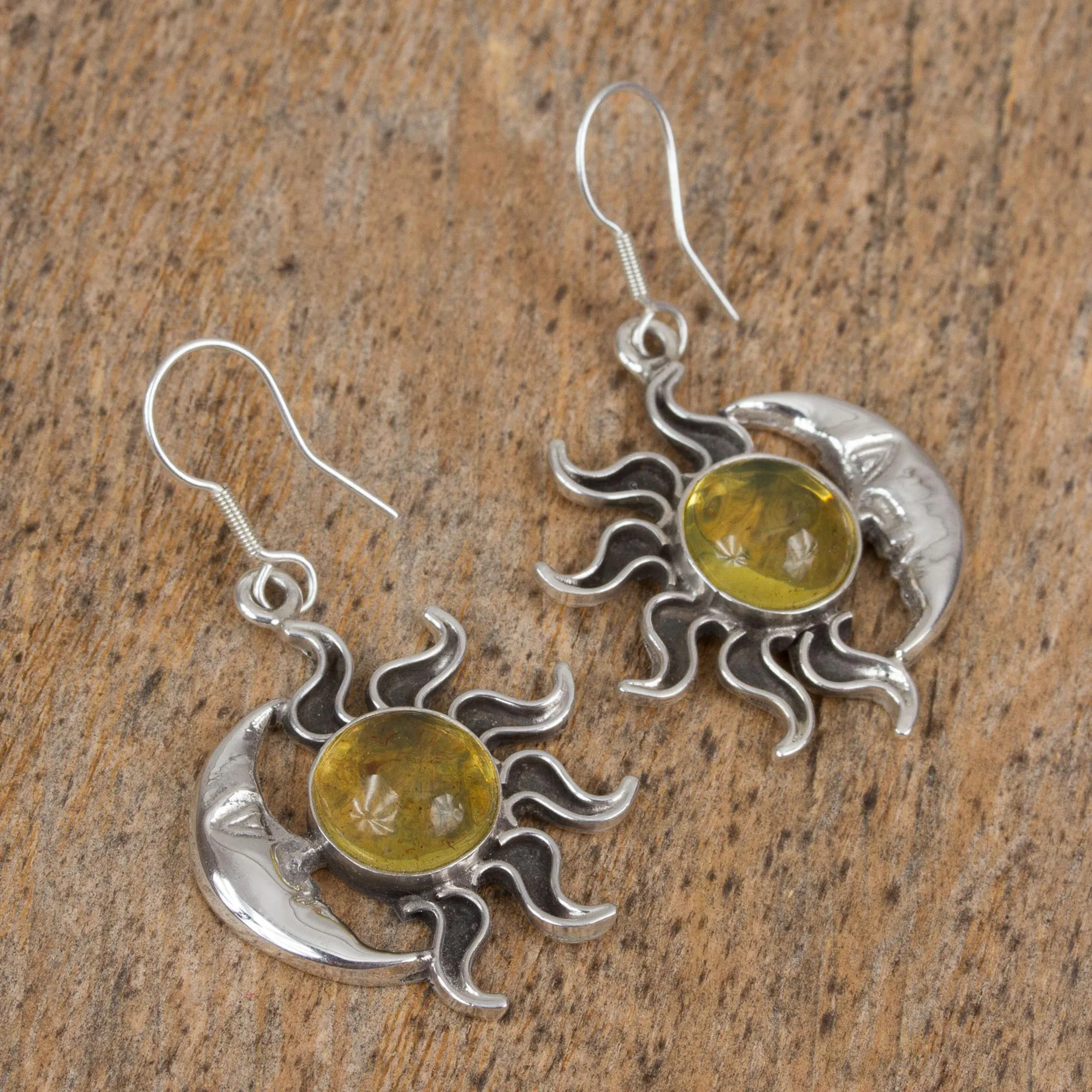 Mexican Sterling Silver and Amber Sun Moon Hook Earrings - Resplendent Sunset | NOVICA