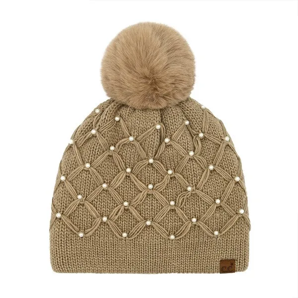 Mocha Pearl Crochet Beanie Pom Hat