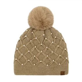 Mocha Pearl Crochet Beanie Pom Hat