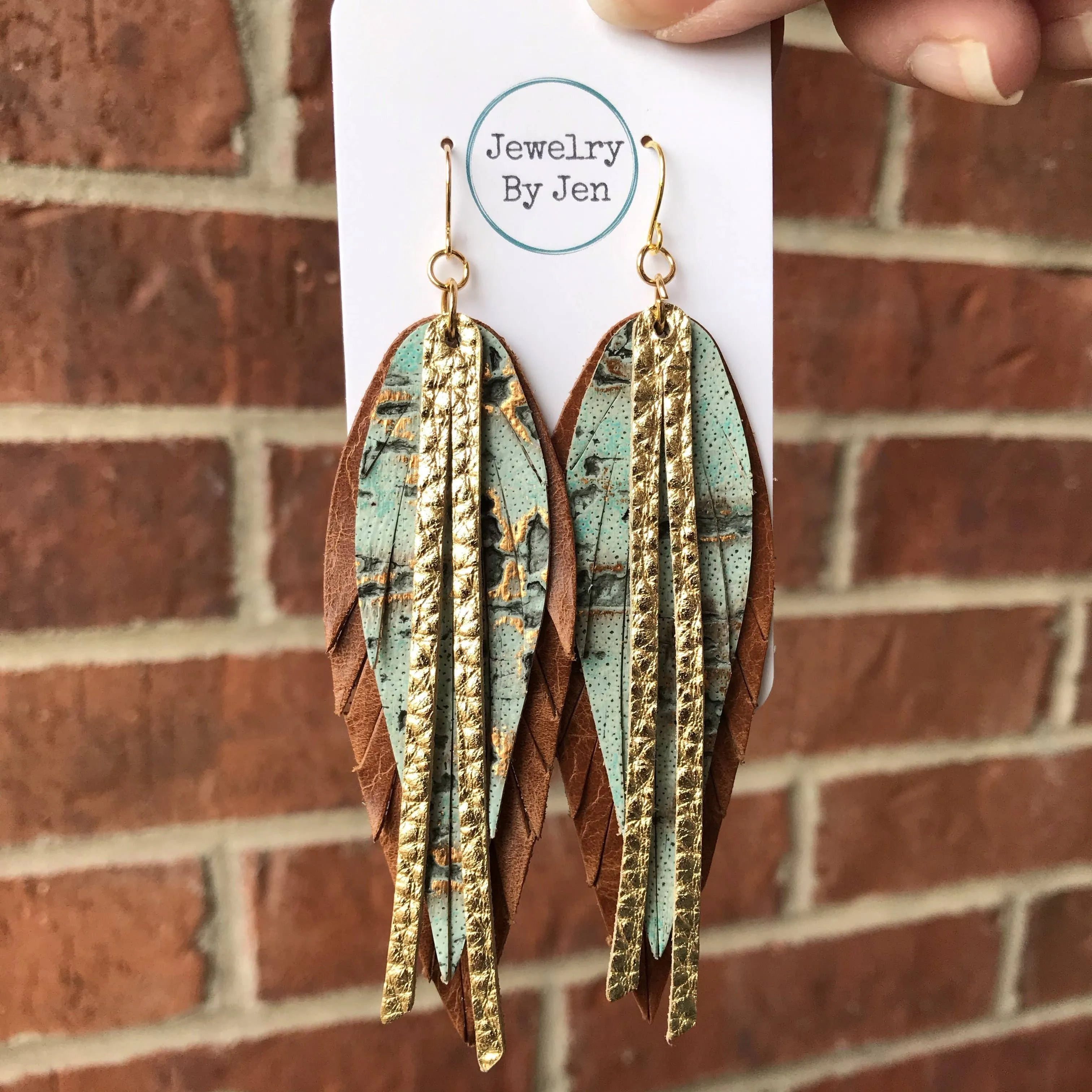 Narrow Fringe Feather Earrings - Gold, Cognac, Turquoise Wildwood