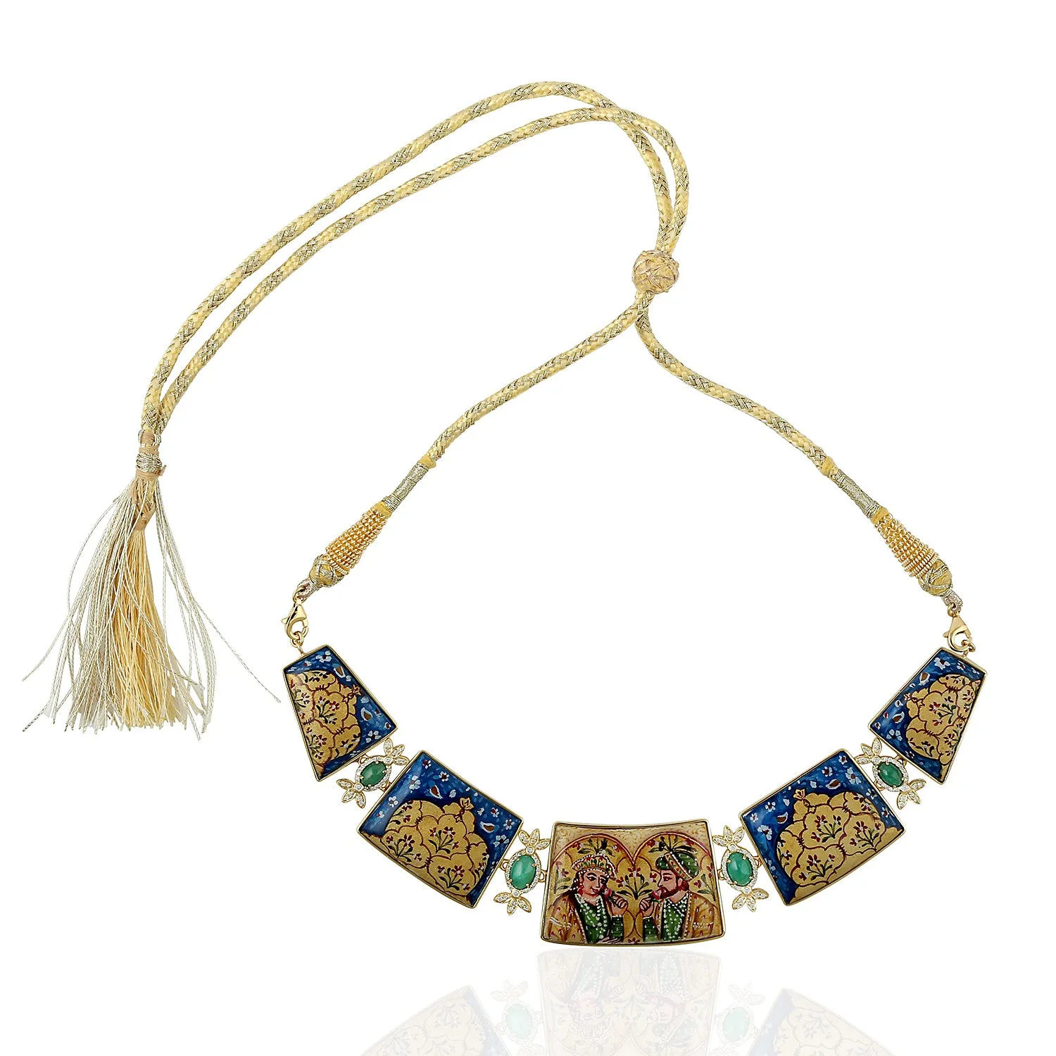Natural MOP Emerald Diamond Picture Enamel Choker Necklace In Gold On Sale For Her