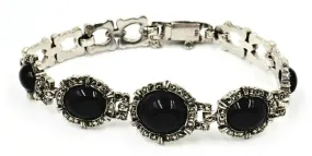 Onyx & Marcasite 925 Sterling Silver Bracelet Fine Vintage Jewellery Length 18cm