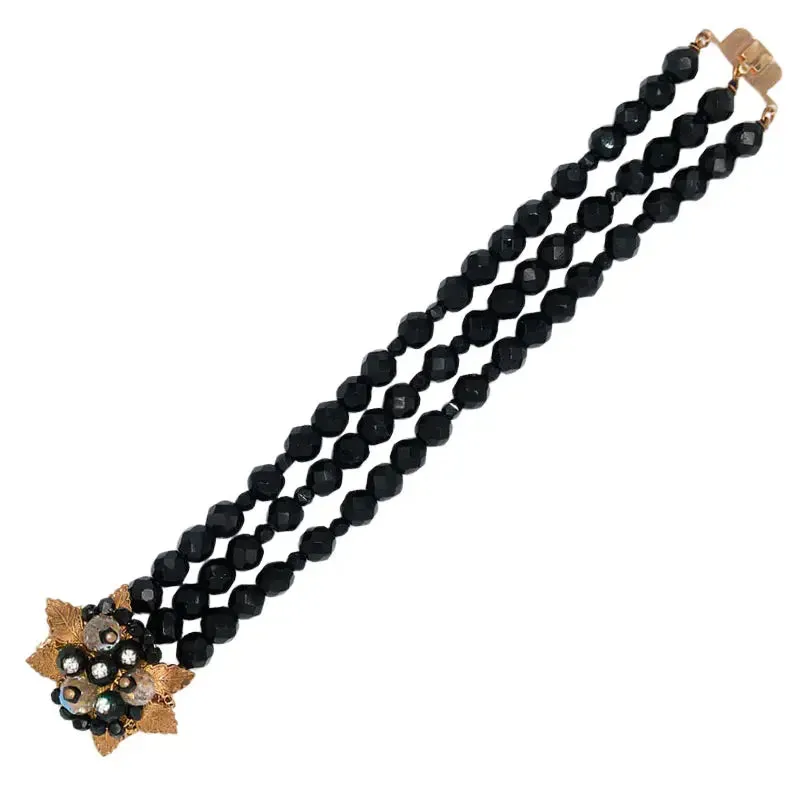 Onyx Bead 3-strand Bracelet with Corsage Clasp