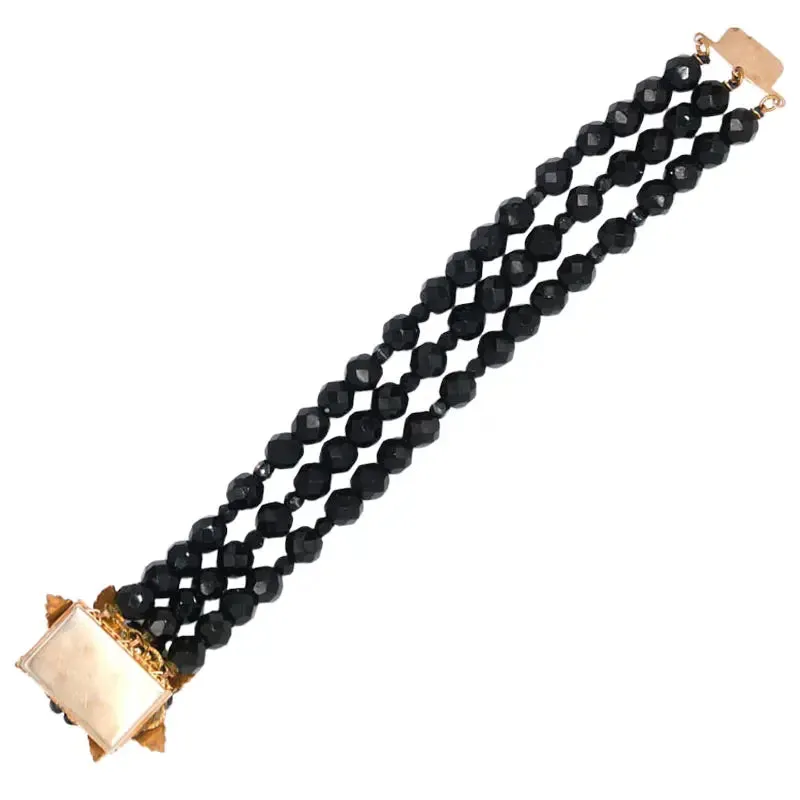 Onyx Bead 3-strand Bracelet with Corsage Clasp